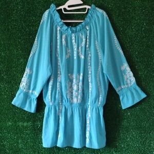 Jessica London Aqua Blouse with Ivory Detailing